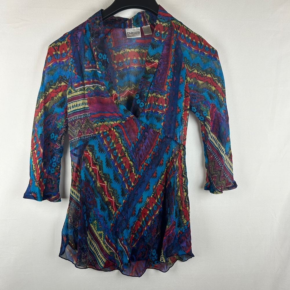 Chico’s Brandy silk Tunic in Sangria v-neck empire waist long sleeves 0/S Y2K